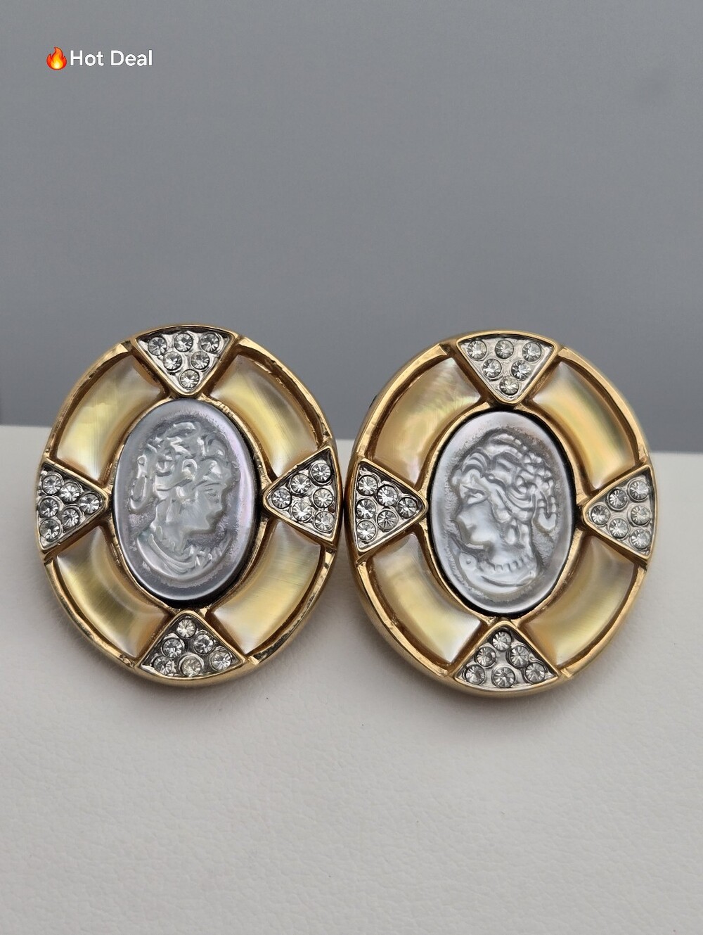 Butler Roman Cameo Crystal Earrings Gold Silver Tone 14K Gold Posts FAC Vintage